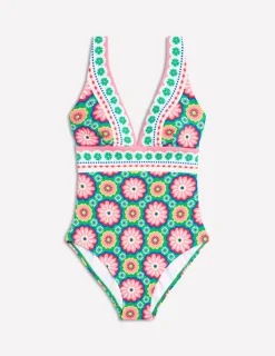 Swimwear-Boden Porto V-Neck Swimsuit-Multi, Flower Tile Multi,FlowerTile