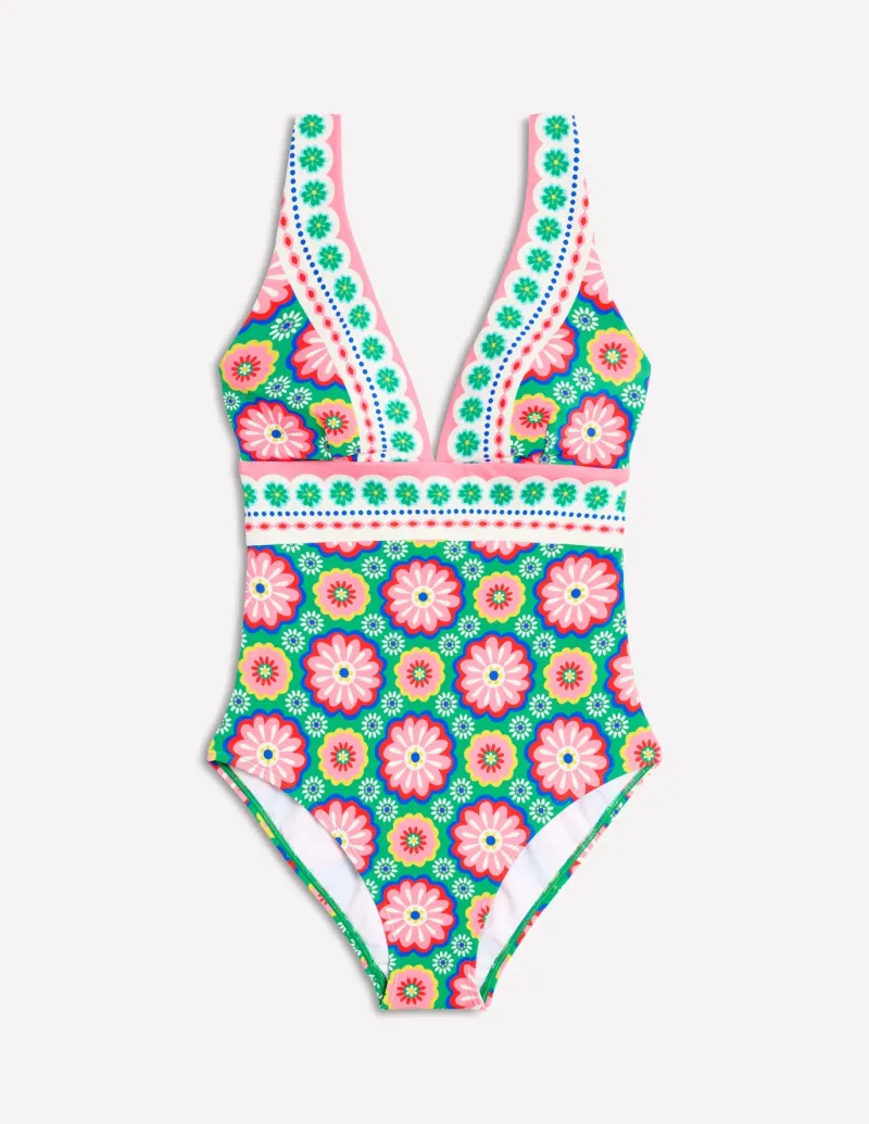 Swimwear-Boden Porto V-Neck Swimsuit-Multi, Flower Tile Multi,FlowerTile