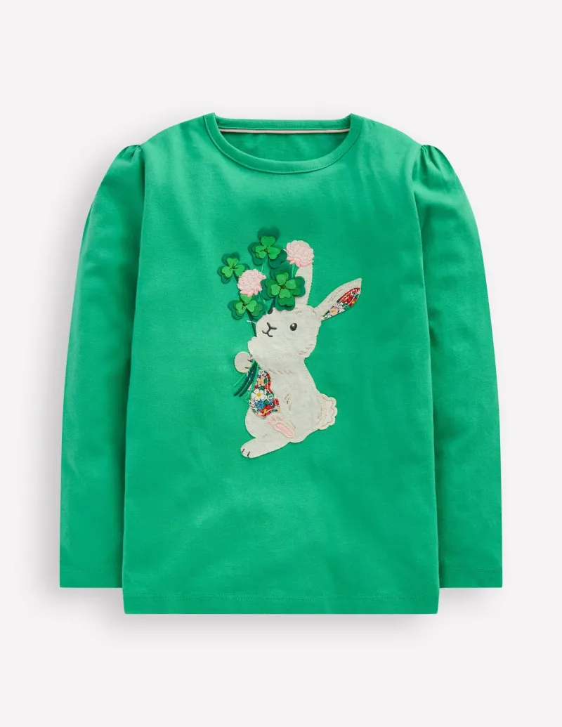 Tops & T-Shirts-Boden Puff Sleeve Applique T-shirt-Aloe Green Bunny AloeGreenBunny
