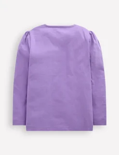 Tops & T-Shirts-Boden Puff Sleeve Applique T-shirt-Aster Purple Flower Cats AsterPurpleFlowerCats