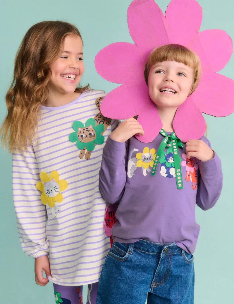 Tops & T-Shirts-Boden Puff Sleeve Applique T-shirt-Aster Purple Flower Cats AsterPurpleFlowerCats