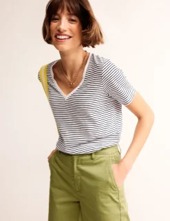 Nightwear & Lougewear | T-Shirts & Tanks-Boden Regular V-Neck Slub T-shirt-Ivory, Navy Ivory,Navy
