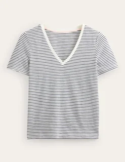 Nightwear & Lougewear | T-Shirts & Tanks-Boden Regular V-Neck Slub T-shirt-Ivory, Navy Ivory,Navy