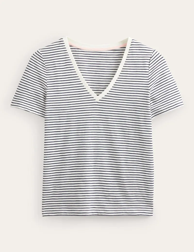 Nightwear & Lougewear | T-Shirts & Tanks-Boden Regular V-Neck Slub T-shirt-Ivory, Navy Ivory,Navy