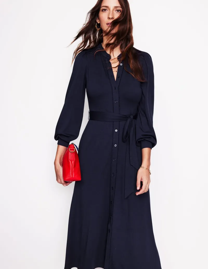 Petite Dresses | Midi-Boden Rowena Trim Jersey Shirt Dress- Navy