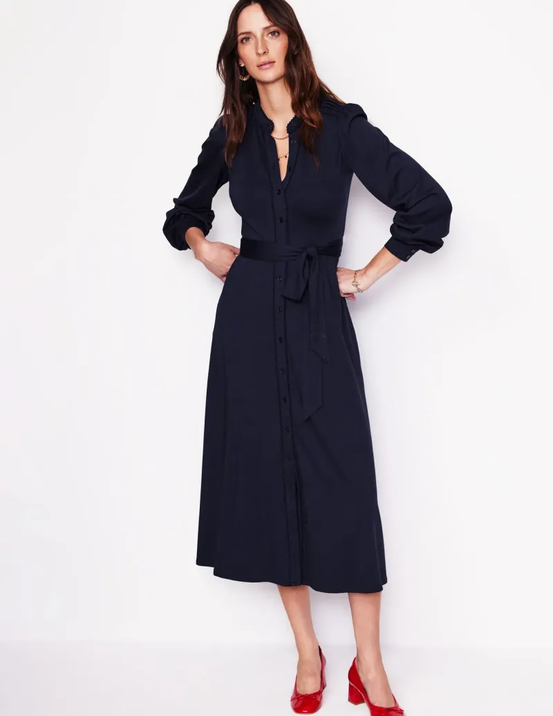 Petite Dresses | Midi-Boden Rowena Trim Jersey Shirt Dress- Navy