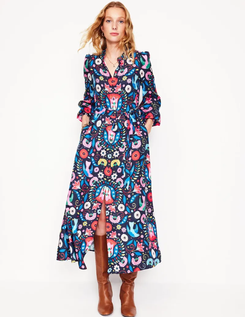 Dresses & Jumpsuits | Midi-Boden Ruby Collarless Shirt Dress-French Navy, Decorative Garden FrenchNavy,DecorativeGarden