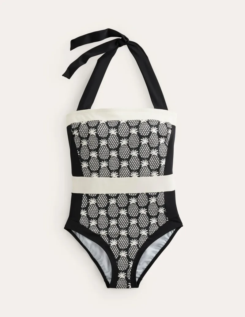 Swimwear-Boden Santorini Halterneck Swimsuit-Black, Pineapple Geo Black,PineappleGeo