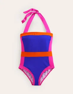 Swimwear-Boden Santorini Halterneck Swimsuit-Blue/Pink Colourblock Blue/PinkColourblock