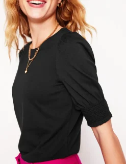 Nightwear & Lougewear | T-Shirts & Tanks-Boden Short Sleeve Smocked Cuff Top- Black