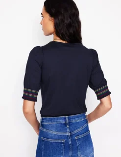 Nightwear & Lougewear | T-Shirts & Tanks-Boden Short Sleeve Smocked Cuff Top- Navy