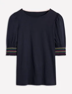 Nightwear & Lougewear | T-Shirts & Tanks-Boden Short Sleeve Smocked Cuff Top- Navy