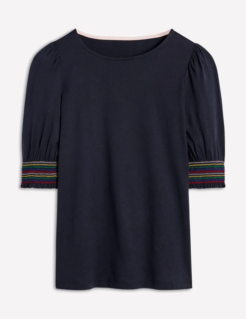 Nightwear & Lougewear | T-Shirts & Tanks-Boden Short Sleeve Smocked Cuff Top- Navy