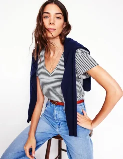 Nightwear & Lougewear | T-Shirts & Tanks-Boden Short Sleeve V Neck T-shirt-Ivory, Navy Stripe Ivory,NavyStripe