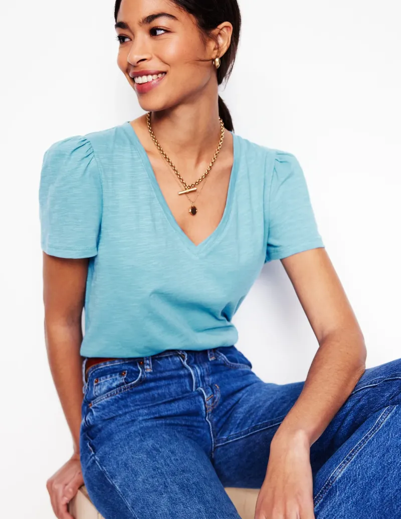 Nightwear & Lougewear | T-Shirts & Tanks-Boden Short Sleeve V Neck T-shirt-Duck Egg Blue DuckEggBlue