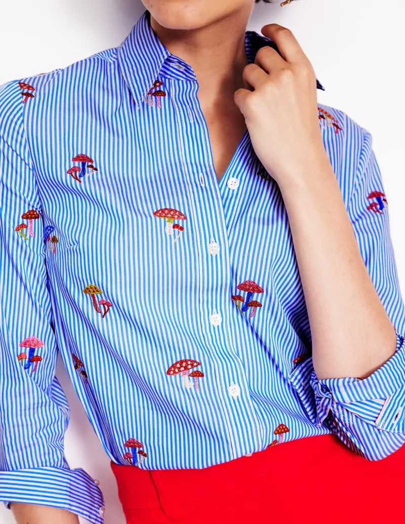 Tops & Blouses | Shirts-Boden Sienna Embroidered Shirt-Mushroom, Blue Stripe Mushroom,BlueStripe