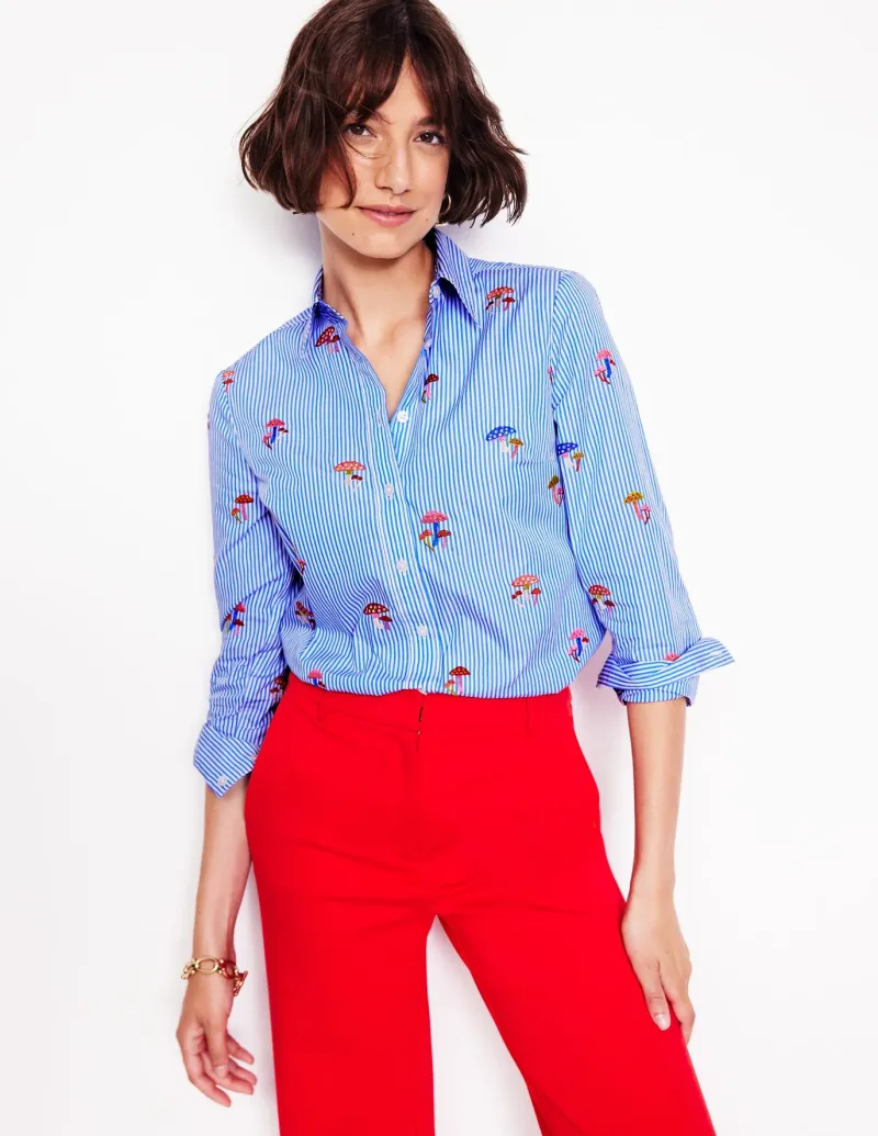 Tops & Blouses | Shirts-Boden Sienna Embroidered Shirt-Mushroom, Blue Stripe Mushroom,BlueStripe