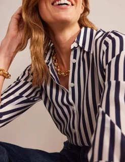 Shirts | Tops & Blouses-Boden Sienna Silk Shirt-Ivory, Navy Stripe Ivory,NavyStripe