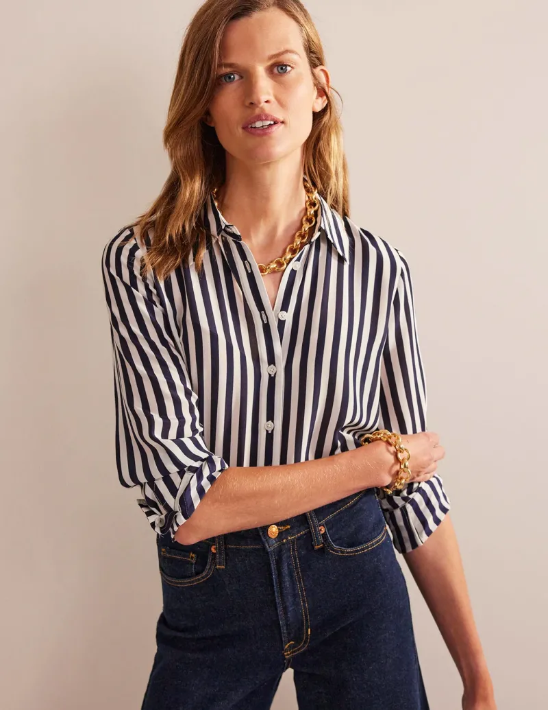 Shirts | Tops & Blouses-Boden Sienna Silk Shirt-Ivory, Navy Stripe Ivory,NavyStripe