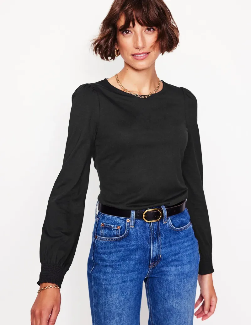 T-Shirts & Tanks | Tops & Blouses-Boden Smocked Cuff Supersoft Top- Black
