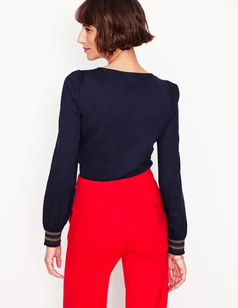 T-Shirts & Tanks | Tops & Blouses-Boden Smocked Cuff Supersoft Top- Navy