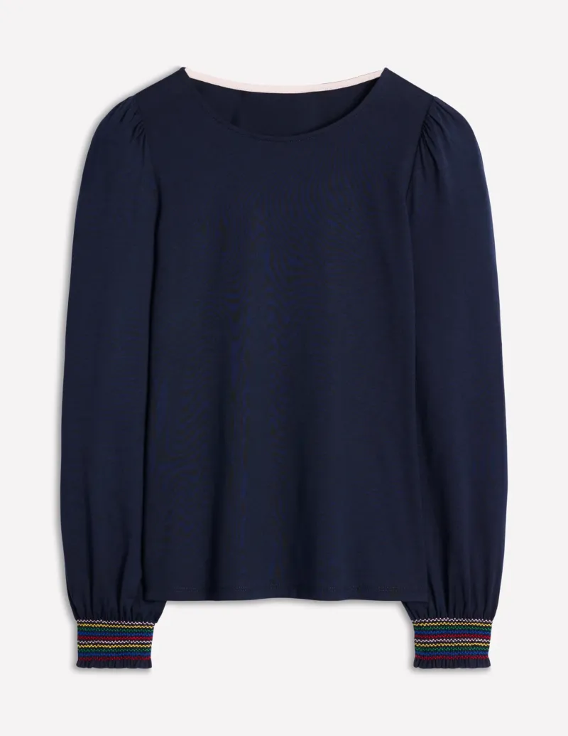 T-Shirts & Tanks | Tops & Blouses-Boden Smocked Cuff Supersoft Top- Navy