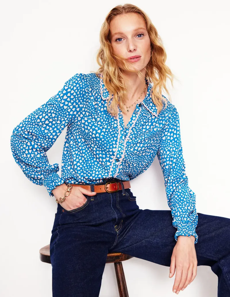 Shirts | T-Shirts & Tanks-Boden Smocked Jersey Shirt-Gallery Blue, Heart Cluster GalleryBlue,HeartCluster