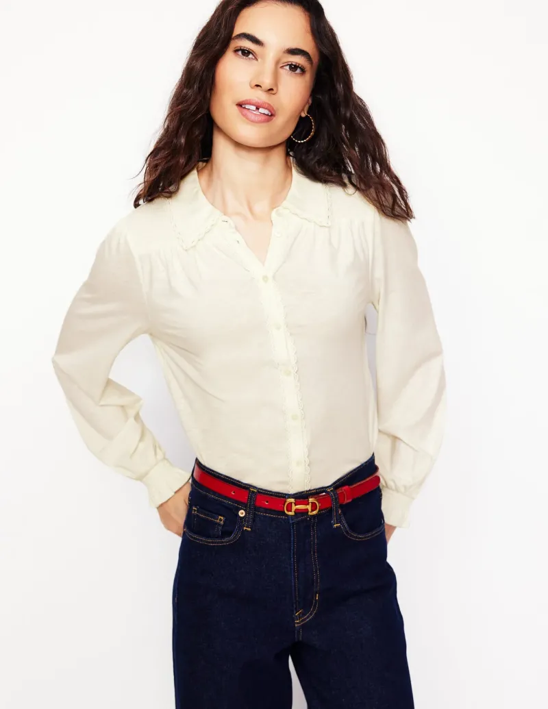 Shirts | T-Shirts & Tanks-Boden Smocked Jersey Shirt- Ivory