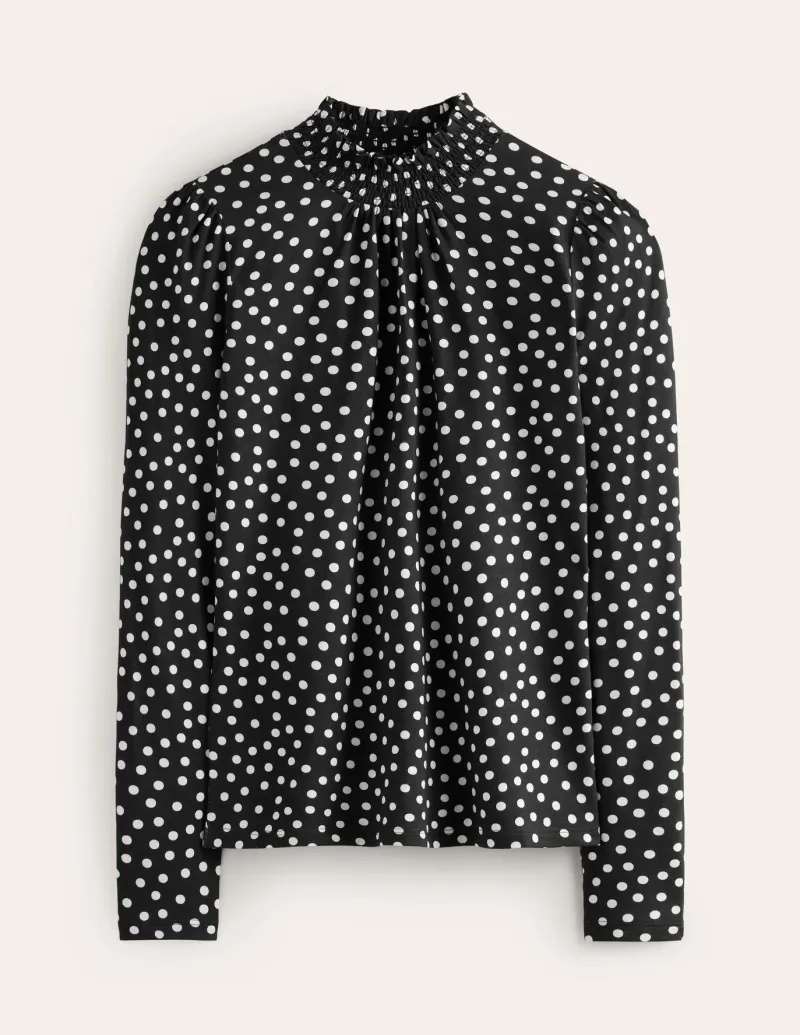 Tops & Blouses | T-Shirts & Tanks-Boden Smocked Neck Printed Top-Black, Milkshake Spot Black,MilkshakeSpot