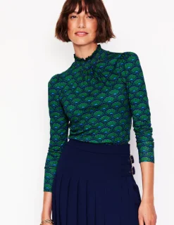 Tops & Blouses | T-Shirts & Tanks-Boden Smocked Neck Printed Top-Emerald, Lotus Stamp Emerald,LotusStamp