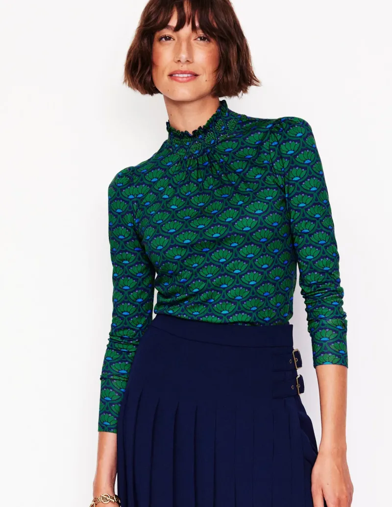 Tops & Blouses | T-Shirts & Tanks-Boden Smocked Neck Printed Top-Emerald, Lotus Stamp Emerald,LotusStamp