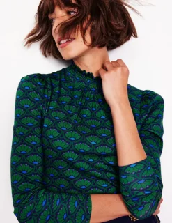Tops & Blouses | T-Shirts & Tanks-Boden Smocked Neck Printed Top-Emerald, Lotus Stamp Emerald,LotusStamp