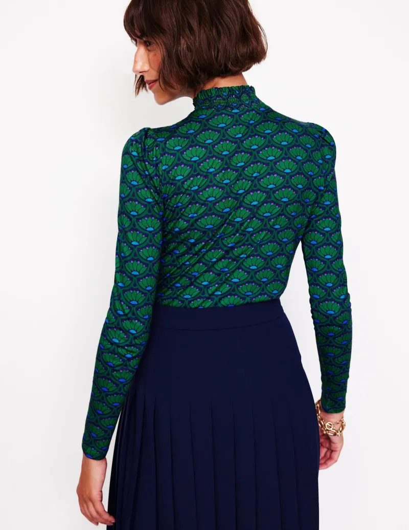 Tops & Blouses | T-Shirts & Tanks-Boden Smocked Neck Printed Top-Emerald, Lotus Stamp Emerald,LotusStamp