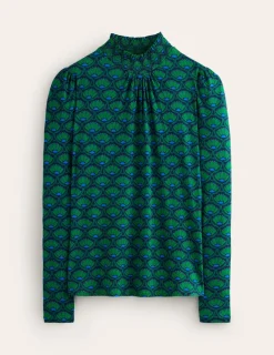 Tops & Blouses | T-Shirts & Tanks-Boden Smocked Neck Printed Top-Emerald, Lotus Stamp Emerald,LotusStamp