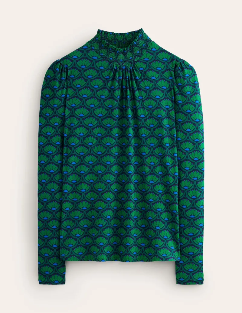 Tops & Blouses | T-Shirts & Tanks-Boden Smocked Neck Printed Top-Emerald, Lotus Stamp Emerald,LotusStamp