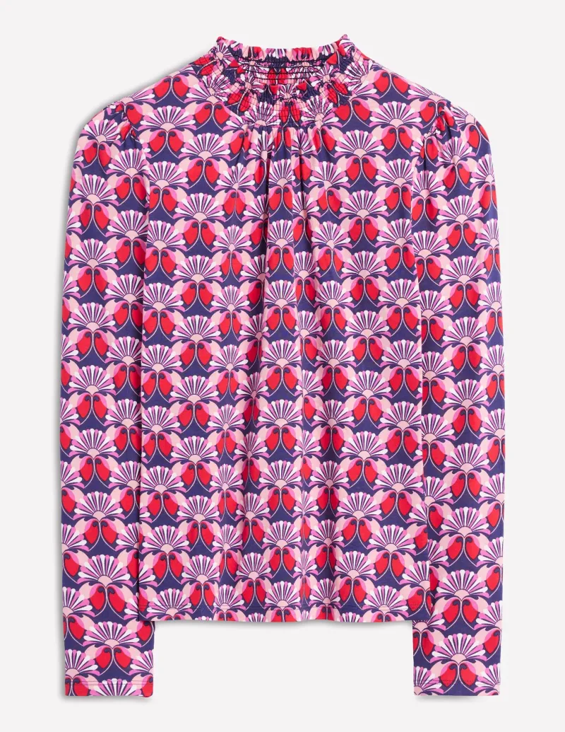 T-Shirts & Tanks | Tops & Blouses-Boden Smocked Neck Printed Top-Poppy Red, Daisy Bloom Geo PoppyRed,DaisyBloomGeo