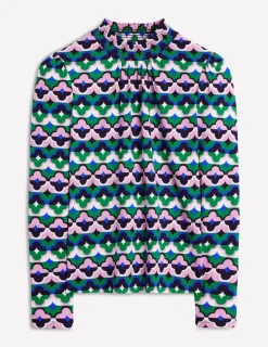 Tops & Blouses | T-Shirts & Tanks-Boden Smocked Neck Printed Top-Rich Emerald, Lucky Clover RichEmerald,LuckyClover