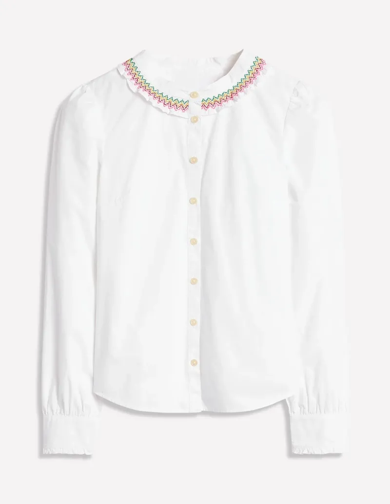 Shirts | Tops & Blouses-Boden Smocked Neck Shirt-White, Multi Stitching White,MultiStitching