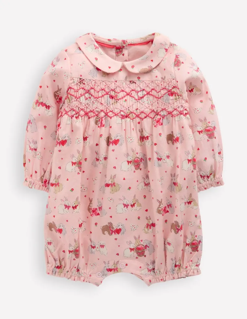 Playsuits & Rompers-Boden Smocked Romper-Pink Love Bunnies