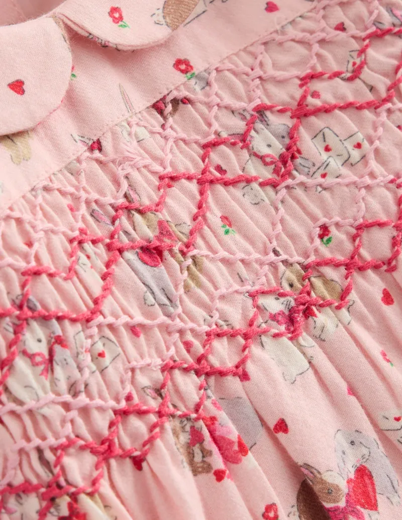 Playsuits & Rompers-Boden Smocked Romper-Pink Love Bunnies