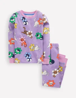Sleepwear & Pajamas-Boden Snug Long John Pyjamas-Aster Purple Flower Cats AsterPurpleFlowerCats