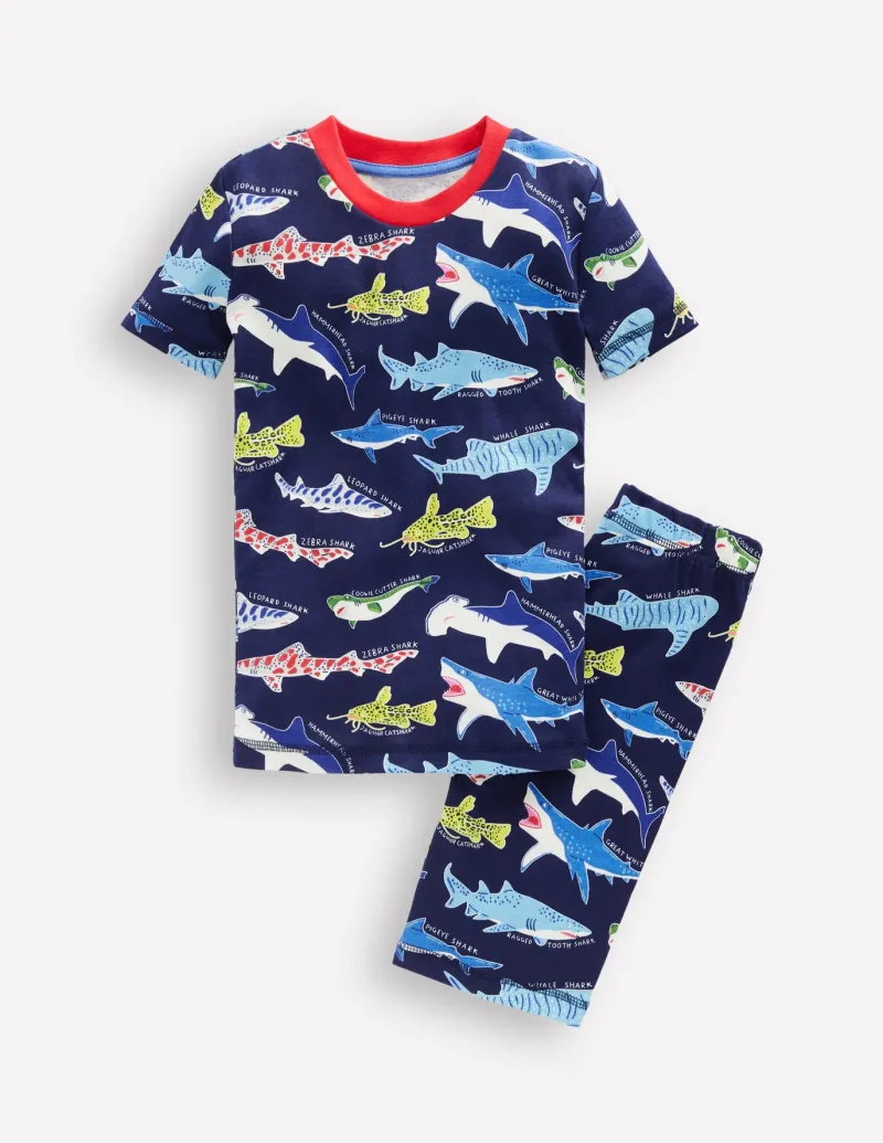Sleepwear & Pajamas-Boden Snug Short John Glow Pyjamas-College Navy Sharks CollegeNavySharks