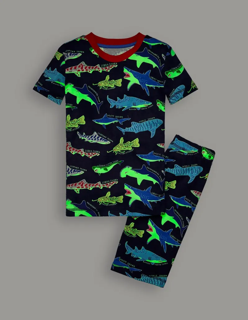 Sleepwear & Pajamas-Boden Snug Short John Glow Pyjamas-College Navy Sharks CollegeNavySharks