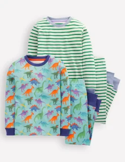 Sleepwear & Pajamas-Boden Snug Twin Pack Pajamas-Blue Dinos and Green Stripe BlueDinosandGreenStripe
