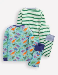 Sleepwear & Pajamas-Boden Snug Twin Pack Pajamas-Blue Dinos and Green Stripe BlueDinosandGreenStripe