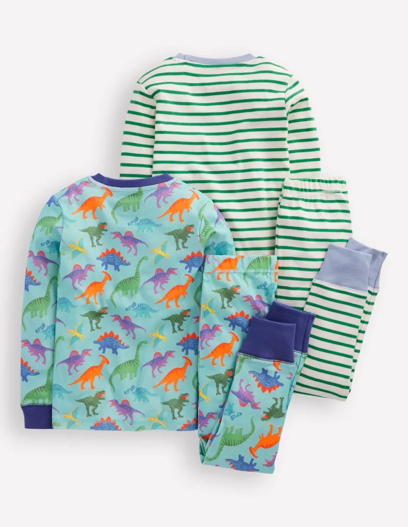 Sleepwear & Pajamas-Boden Snug Twin Pack Pajamas-Blue Dinos and Green Stripe BlueDinosandGreenStripe