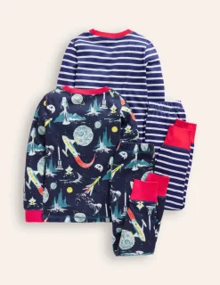 Sleepwear & Pajamas-Boden Snug Twin Pack Pajamas-Grey Space and Navy Stripe GreySpaceandNavyStripe
