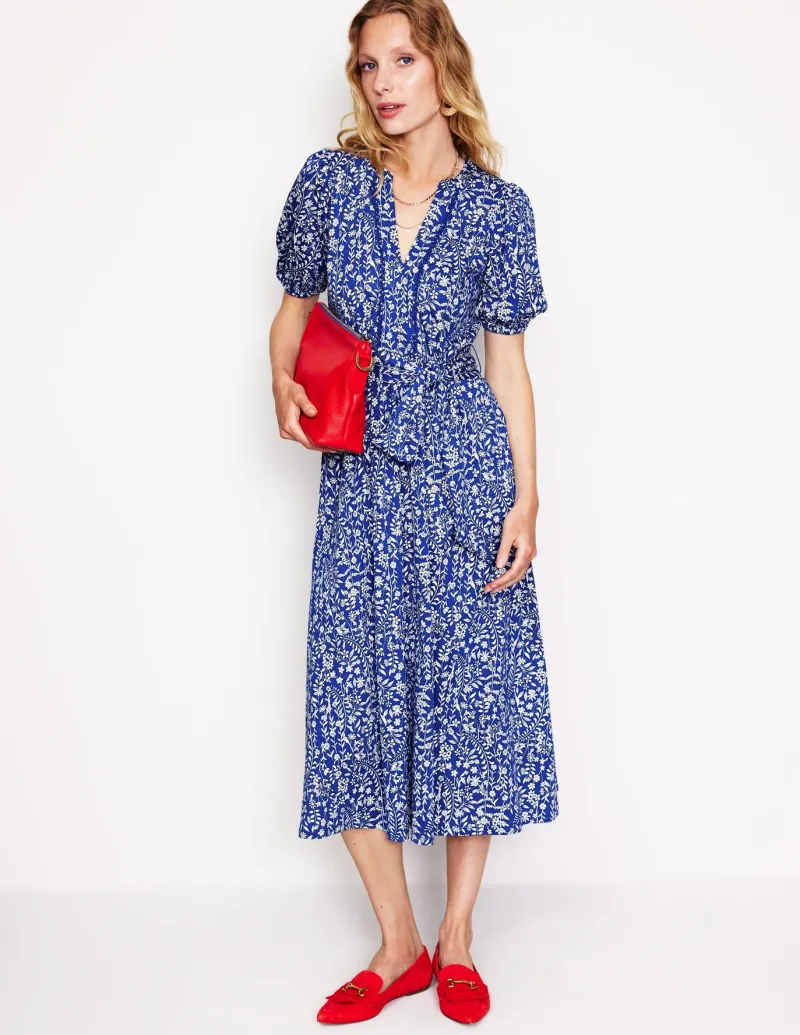 Petite Dresses | Midi-Boden Sofia Trim jersey midi dress-Sapphire Blue, Foliage Bud SapphireBlue,FoliageBud