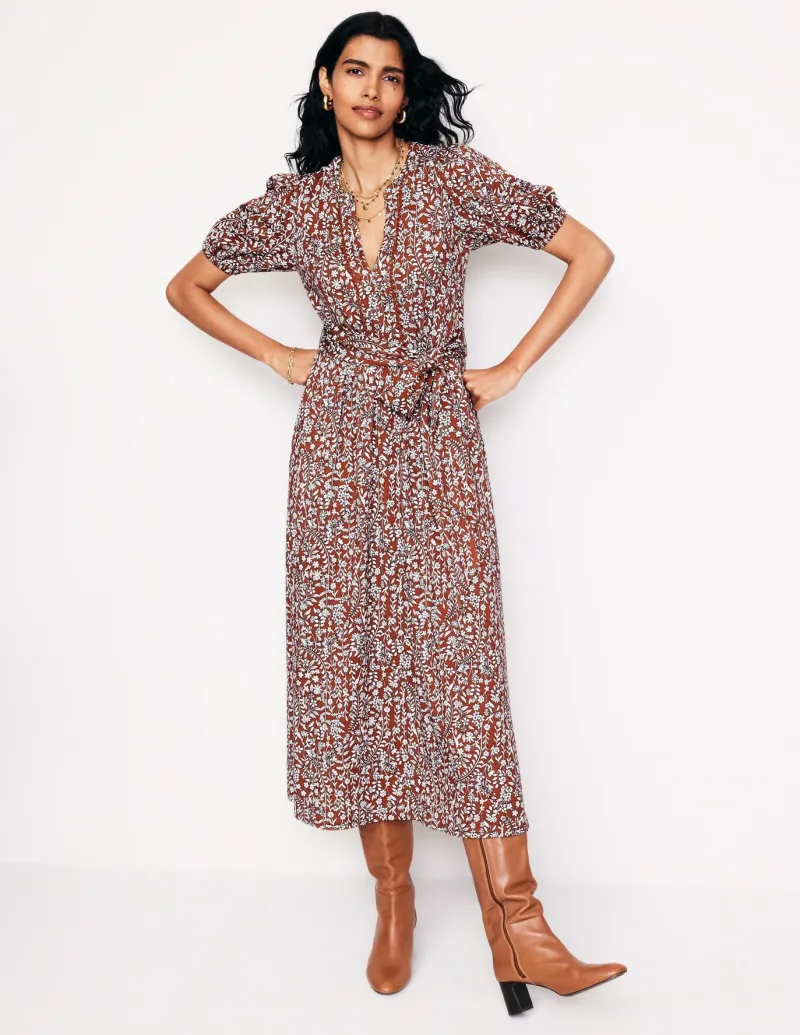 Petite Dresses | Midi-Boden Sofia Trim jersey midi dress-Autumn Brown, Foliage Bud AutumnBrown,FoliageBud