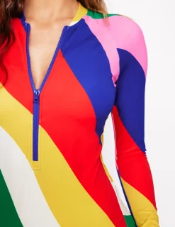 Swimwear-Boden Sporty Raglan Sleeve Swimsuit-Multi, Rainbow Cascade Multi,RainbowCascade